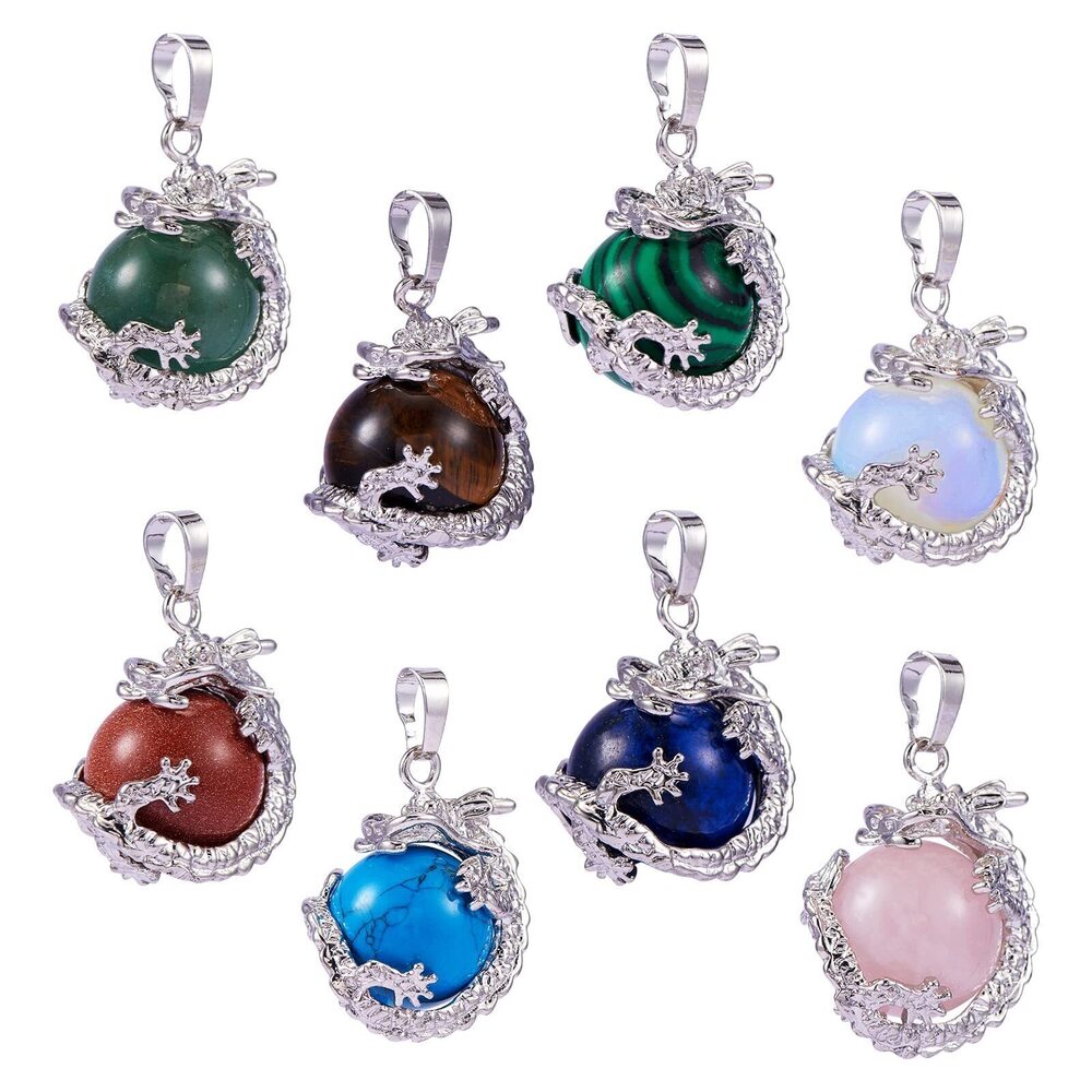 5982 8 Pcs Dragon Wrapped Pendant Round Gemstone Charm Cylinder Crystal